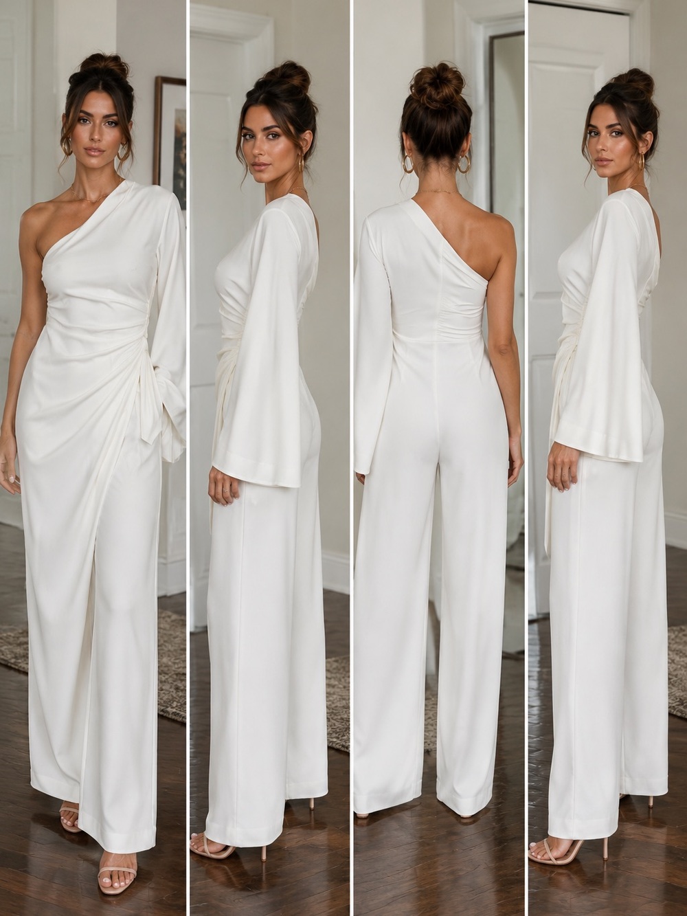 Zara white asymmetrical one shoulder sarong wrap ruched draped wide leg jumpsuit